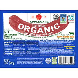 Applegate The Great Organic Uncured Beef Hot Dogs