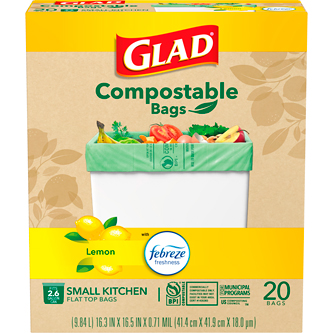 Glad Kitchen Compostable Small Quick-Tie Bags, Febreze Lemon, 2.6 Gallon