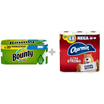 Save a Bundle with Bounty Paper Towels, 8 Double Rolls, and Charmin Ultra Strong Bathroom Tissue, 12 Mega Rolls