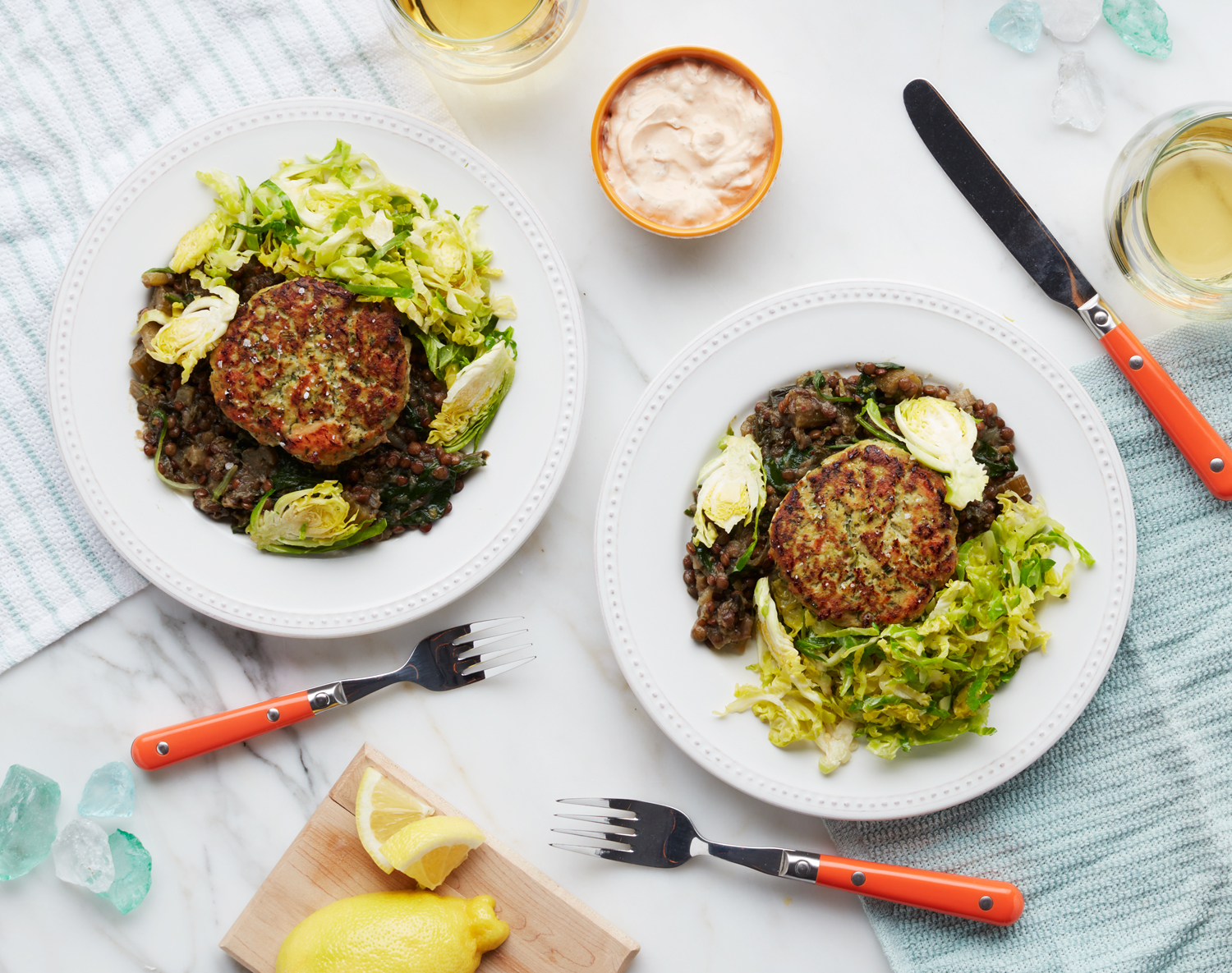 FreshDirect Salmon Cakes with Lentils & Brussels Sprouts
