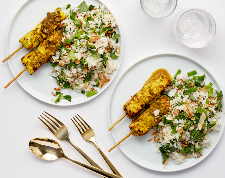 FreshDirect Malaysian Chicken Skewers with Herbs and Coconut Rice, Raised w/o Antibiotics
